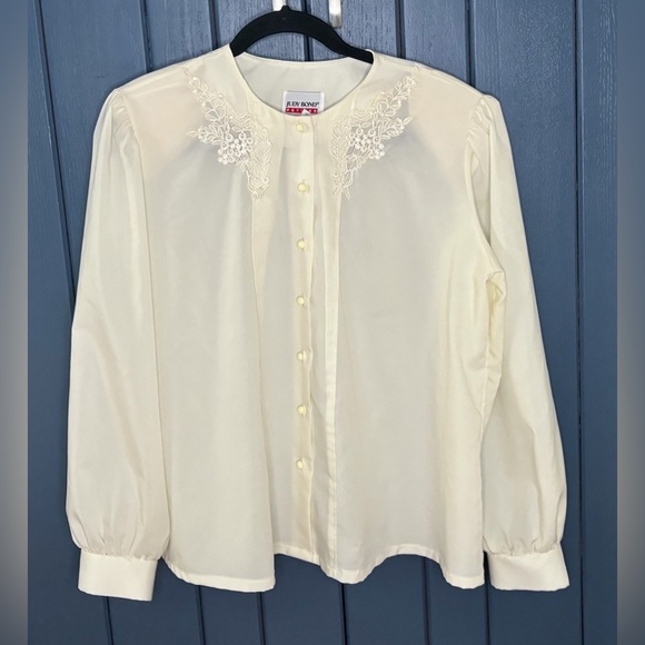 Vintage Lace Applique Cream Blouse 14P Secretary Geek Neutral Cottage Core - Picture 1 of 5